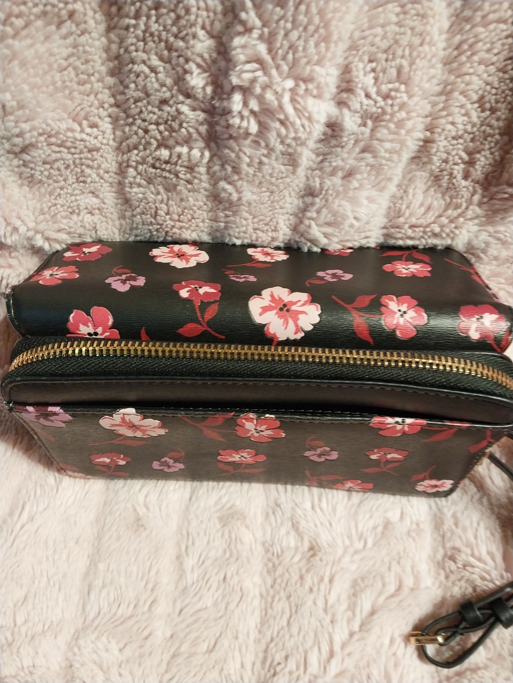 Black Floral Zip-Around Women's Wallet with Pink Accents